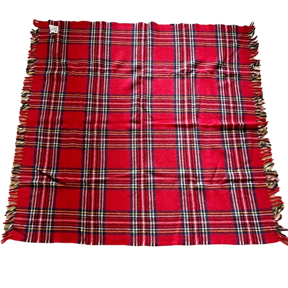 Vtg Faribo 100% Wool Throw Stadium Blanket Tartan Plaid Red Made USA 46x47